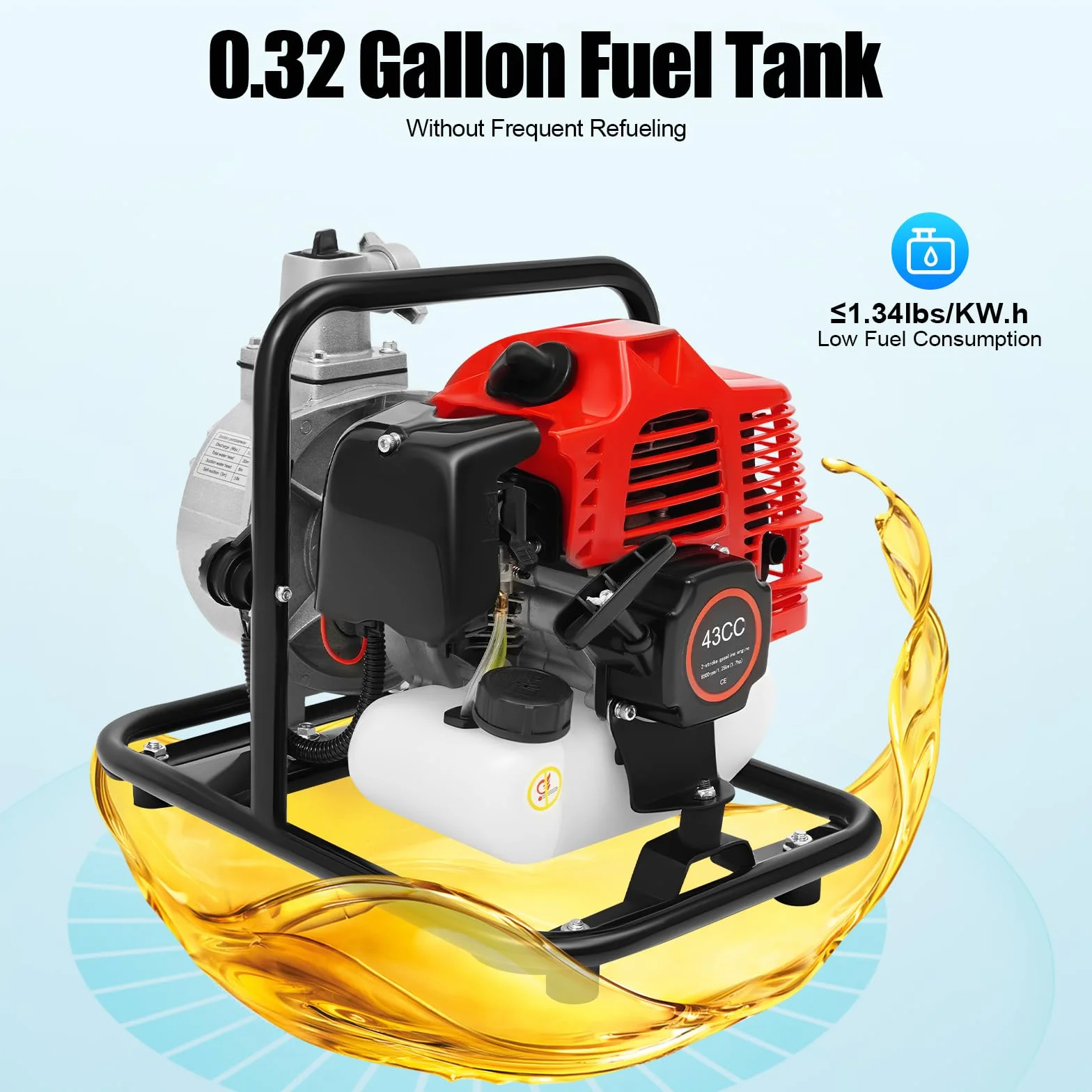 Bomba de agua de gasolina de 1 pulgada, motor de 2 tiempos de 43 cc, bomba de jardín autocebante de 1,7 CV, altura máxima de extracción de 30 m, 8100 l/h, ideal para agua sucia, estanque, piscina