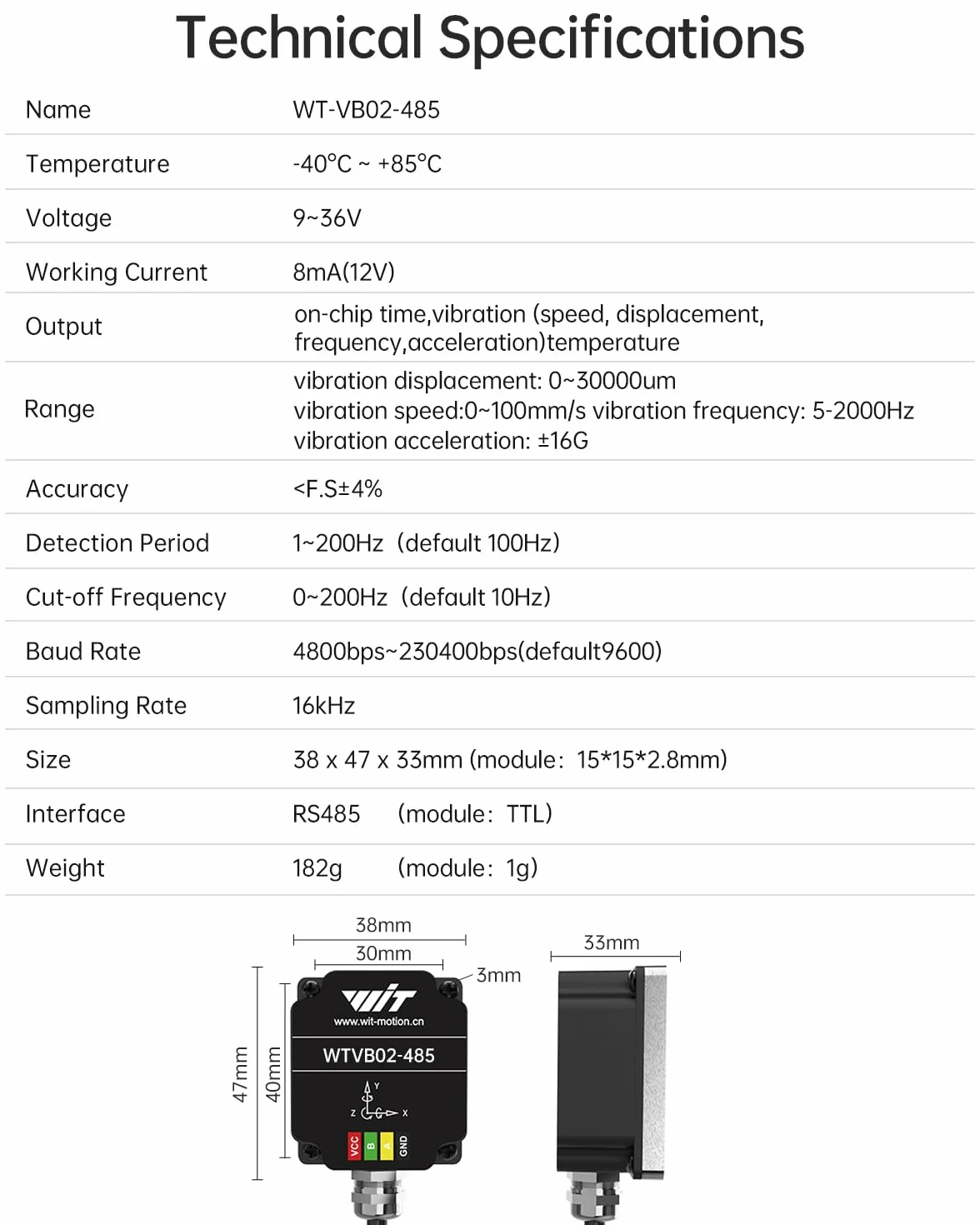 [Sensor de vibración Modbus RS485] WTVB02-485 IP68 transductor impermeable, detector de aceleración de vibración de 3 ejes (frecuencia+desplazamiento+velocidad), módulo de monitor de motor