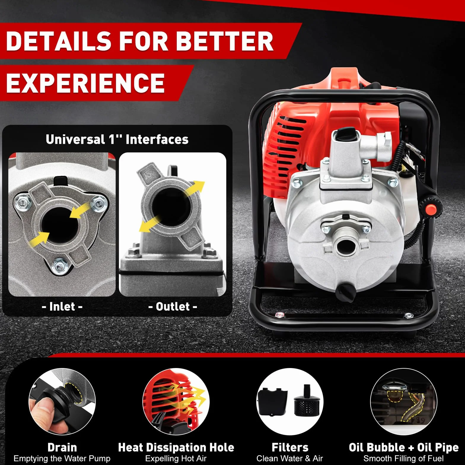 Bomba de agua de gasolina, motor de 40.2 cc, bomba de jardín, 1,25 kW, altura de extracción de 35 m, conexión de 38 mm (1,5 pulgadas), bomba de jardín con motor de 2 tiempos