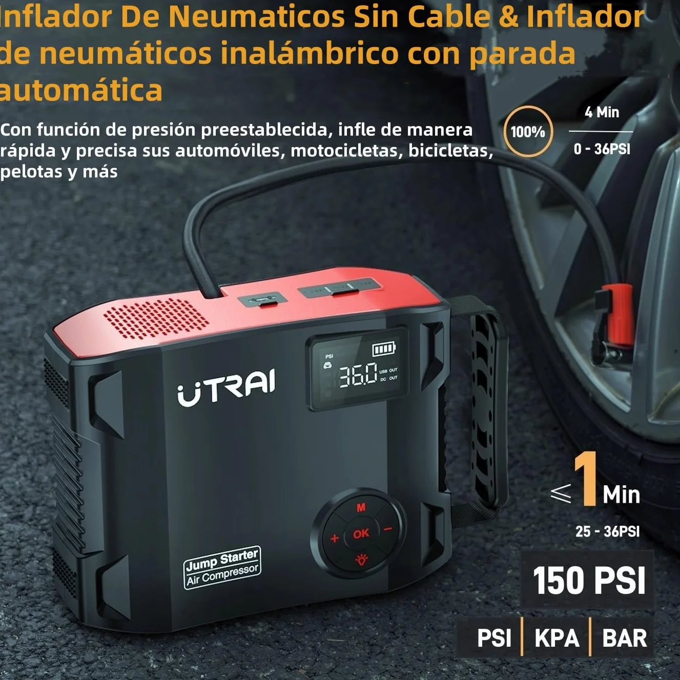 27000mAh Arrancador de Baterías de Coche con Compresor de Aire/18W Carga Rápida/Luz LED de 1600 lúmenes/160W DC out/Pantalla LCD/Carga rápida 3.0(All Gas o 12L Diesel) UTRAI 8000A Jump Starter