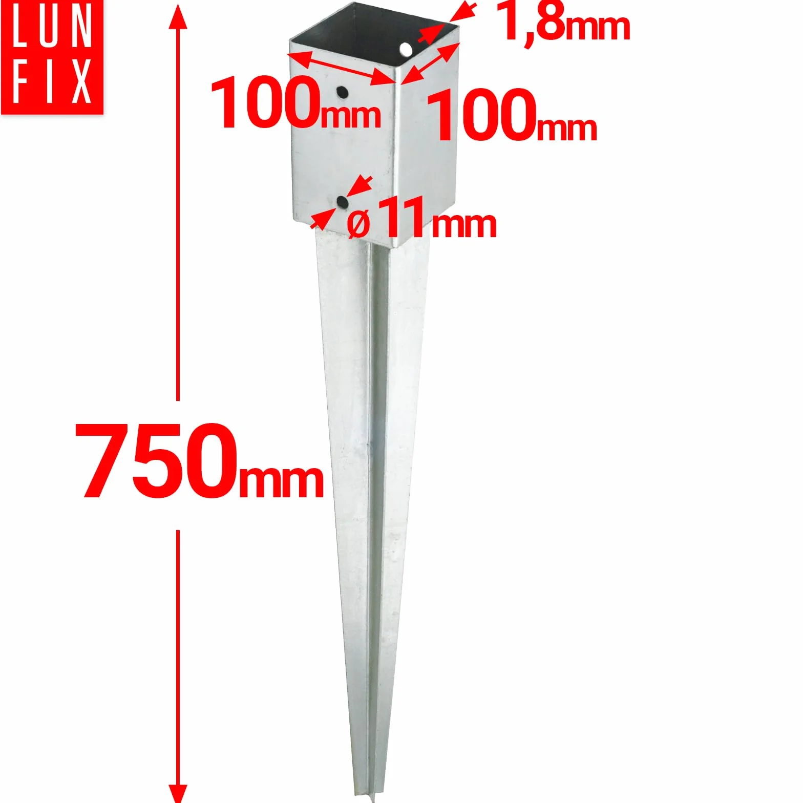 Soporte de Poste para Madera 100x100 mm, Acero Galvanizado, Punta de Anclaje 750mm, Espesor 1.8 mm, Base Metálica para Valla