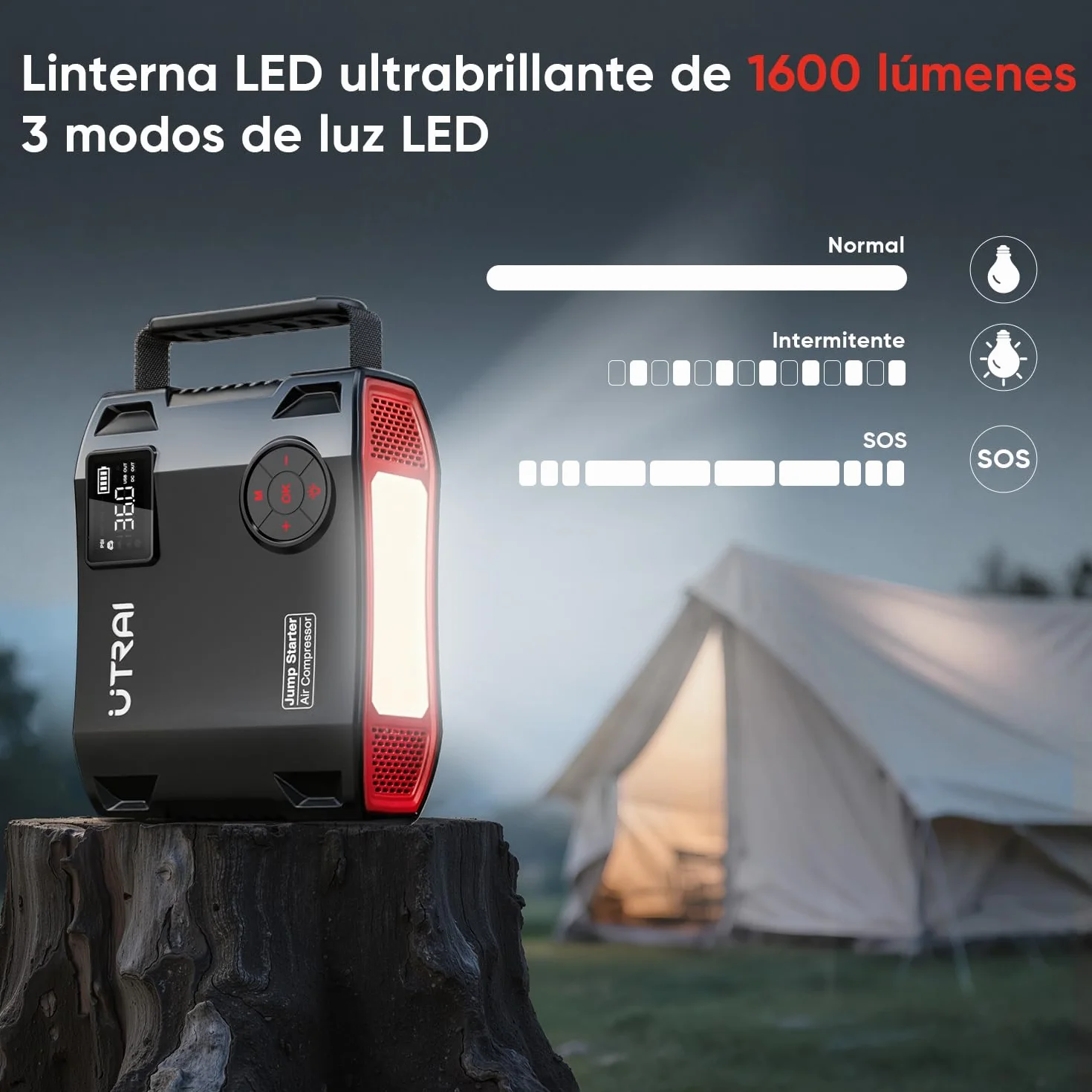 27000mAh Arrancador de Baterías de Coche con Compresor de Aire/18W Carga Rápida/Luz LED de 1600 lúmenes/160W DC out/Pantalla LCD/Carga rápida 3.0(All Gas o 12L Diesel) UTRAI 8000A Jump Starter