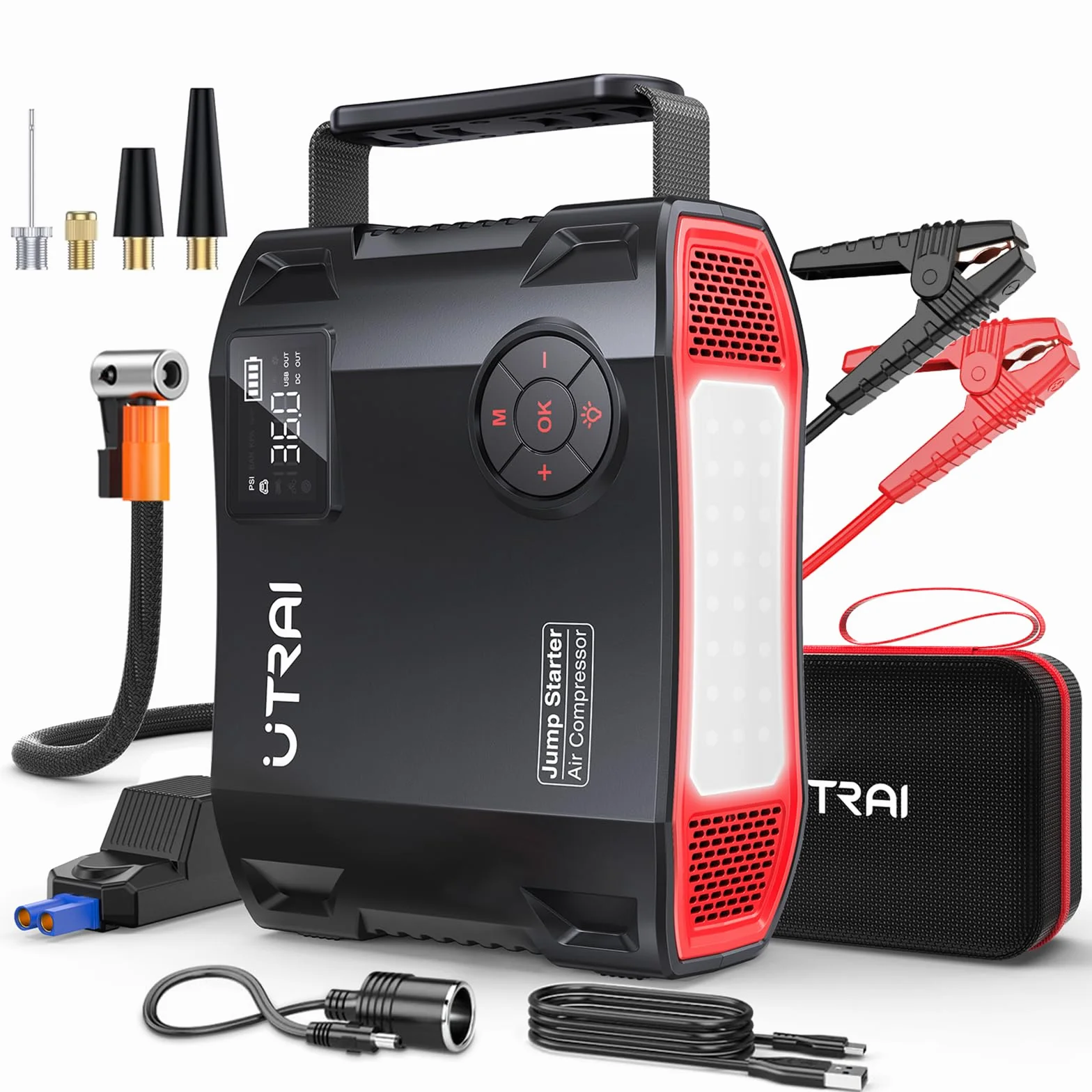 27000mAh Arrancador de Baterías de Coche con Compresor de Aire/18W Carga Rápida/Luz LED de 1600 lúmenes/160W DC out/Pantalla LCD/Carga rápida 3.0(All Gas o 12L Diesel) UTRAI 8000A Jump Starter