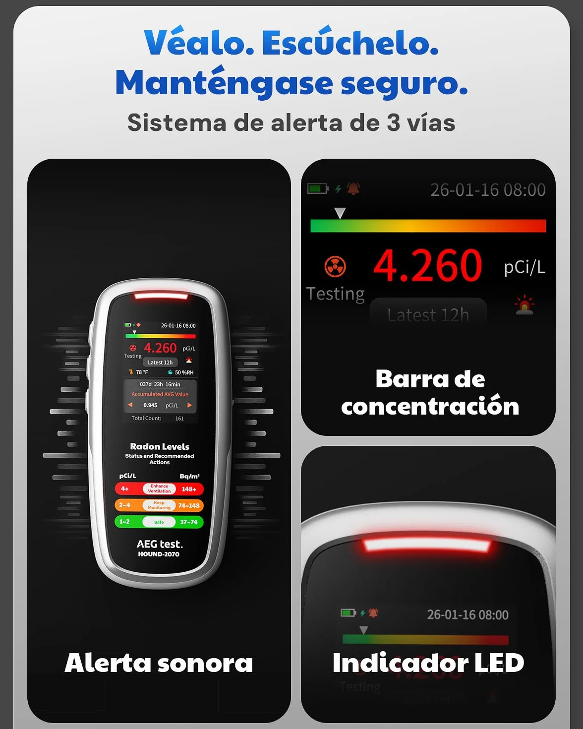 HOUND-2070 Detector de Radón para Hogar, Pantalla de Temperatura y Humedad, 504 Días de Almacenamiento de Datos, Recargable, Analizador de Radón 3-en-1 Portátil para Sótano, pCi/L o Bq/m³