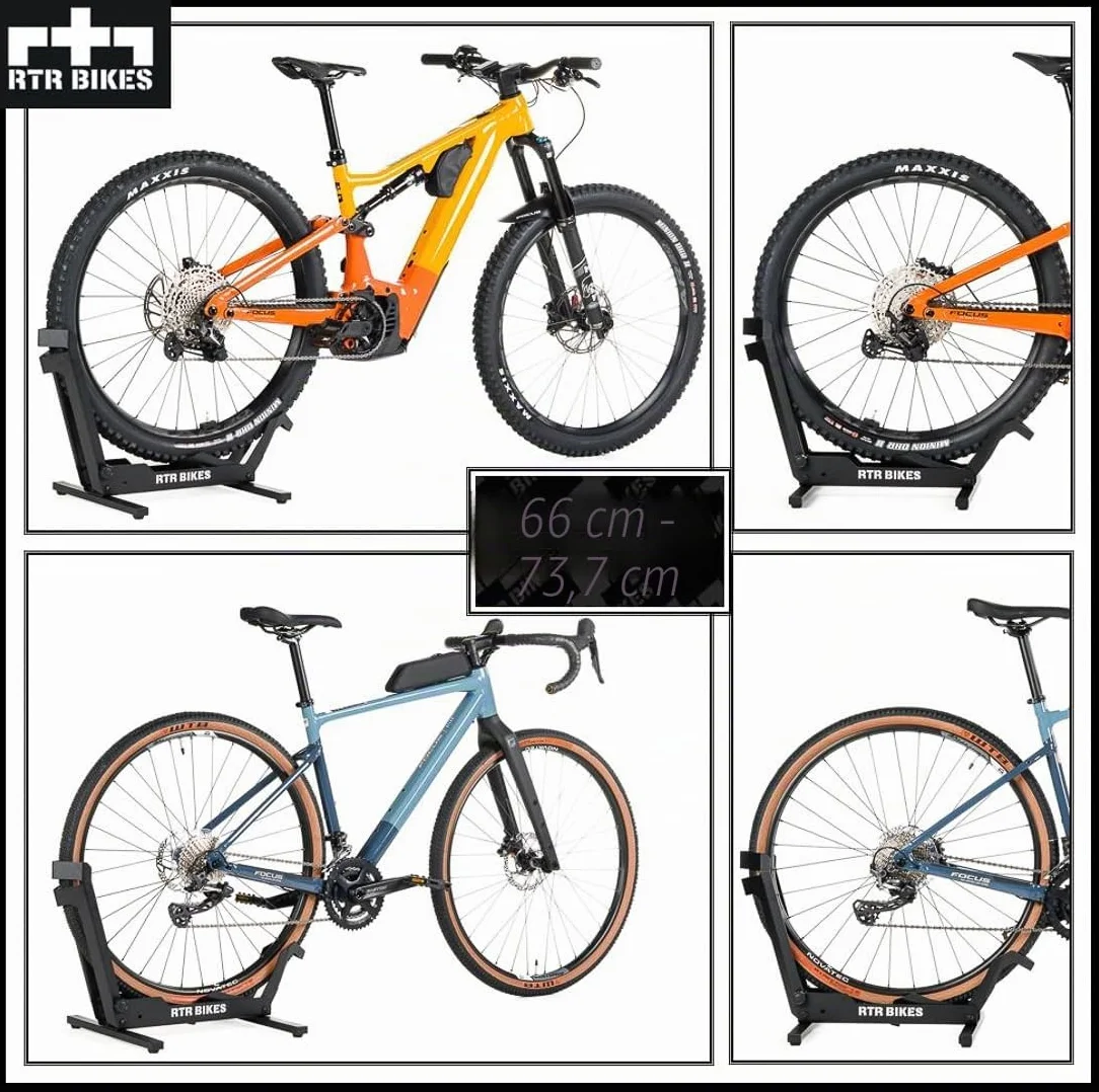RTR BIKES Brutus Soporte Bicicleta Suelo Profesional – Base Robusta para E-Bike y MTB hasta 30kg – Acero Estable – Compatible Ruedas 26-29" y Neumáticos 2,8" – Made in EU