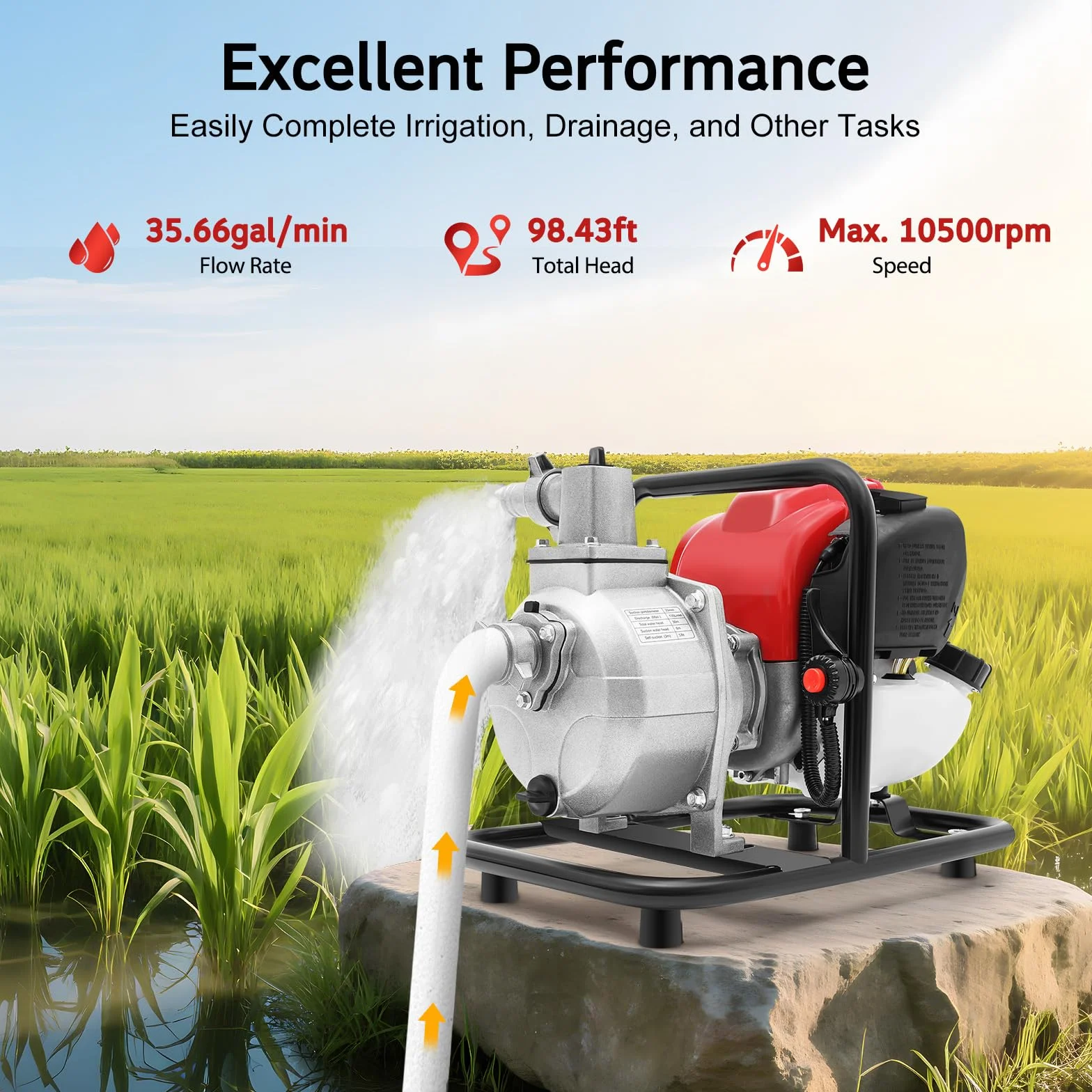 Bomba de agua de gasolina, 4 tiempos, 38 cm³ con caudal de 8000 l/h, potente bomba de extracción de agua para jardín, riego y drenaje