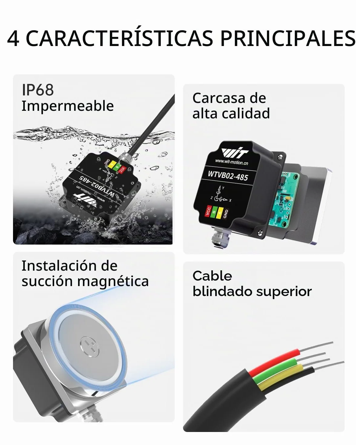 [Sensor de vibración Modbus RS485] WTVB02-485 IP68 transductor impermeable, detector de aceleración de vibración de 3 ejes (frecuencia+desplazamiento+velocidad), módulo de monitor de motor