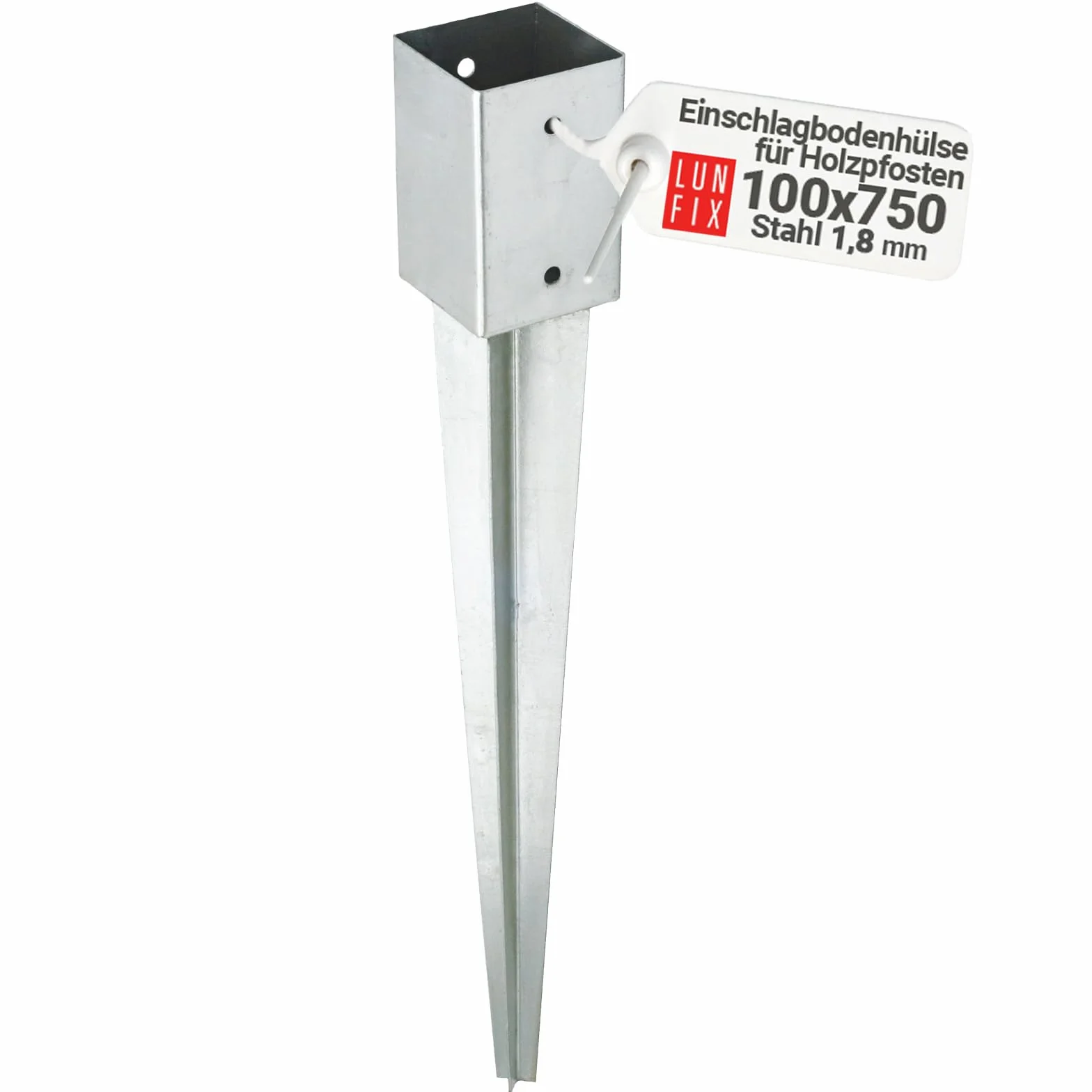 Soporte de Poste para Madera 100x100 mm, Acero Galvanizado, Punta de Anclaje 750mm, Espesor 1.8 mm, Base Metálica para Valla