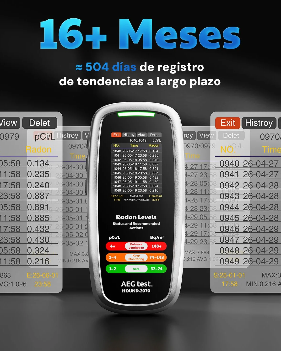 HOUND-2070 Detector de Radón para Hogar, Pantalla de Temperatura y Humedad, 504 Días de Almacenamiento de Datos, Recargable, Analizador de Radón 3-en-1 Portátil para Sótano, pCi/L o Bq/m³