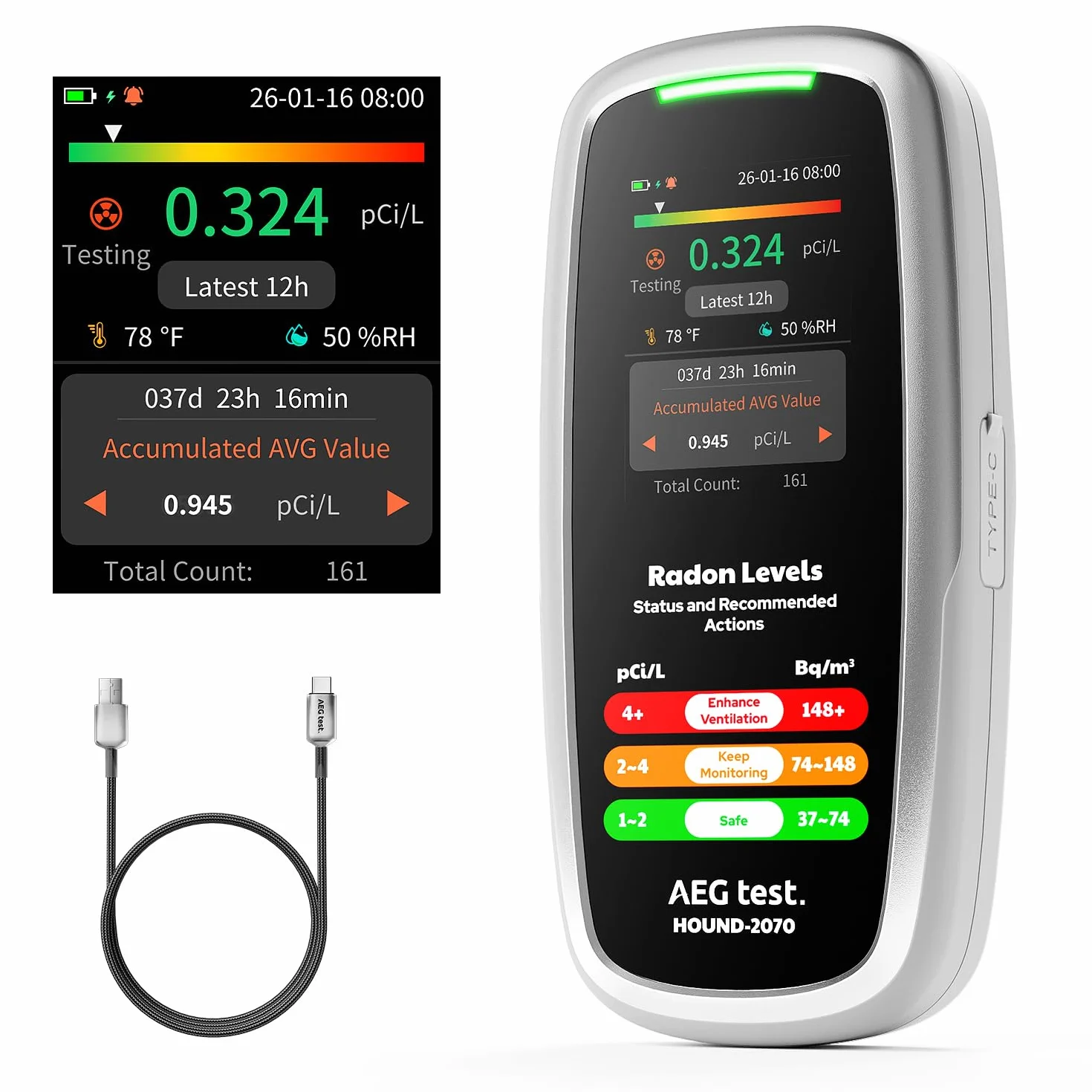 HOUND-2070 Detector de Radón para Hogar, Pantalla de Temperatura y Humedad, 504 Días de Almacenamiento de Datos, Recargable, Analizador de Radón 3-en-1 Portátil para Sótano, pCi/L o Bq/m³
