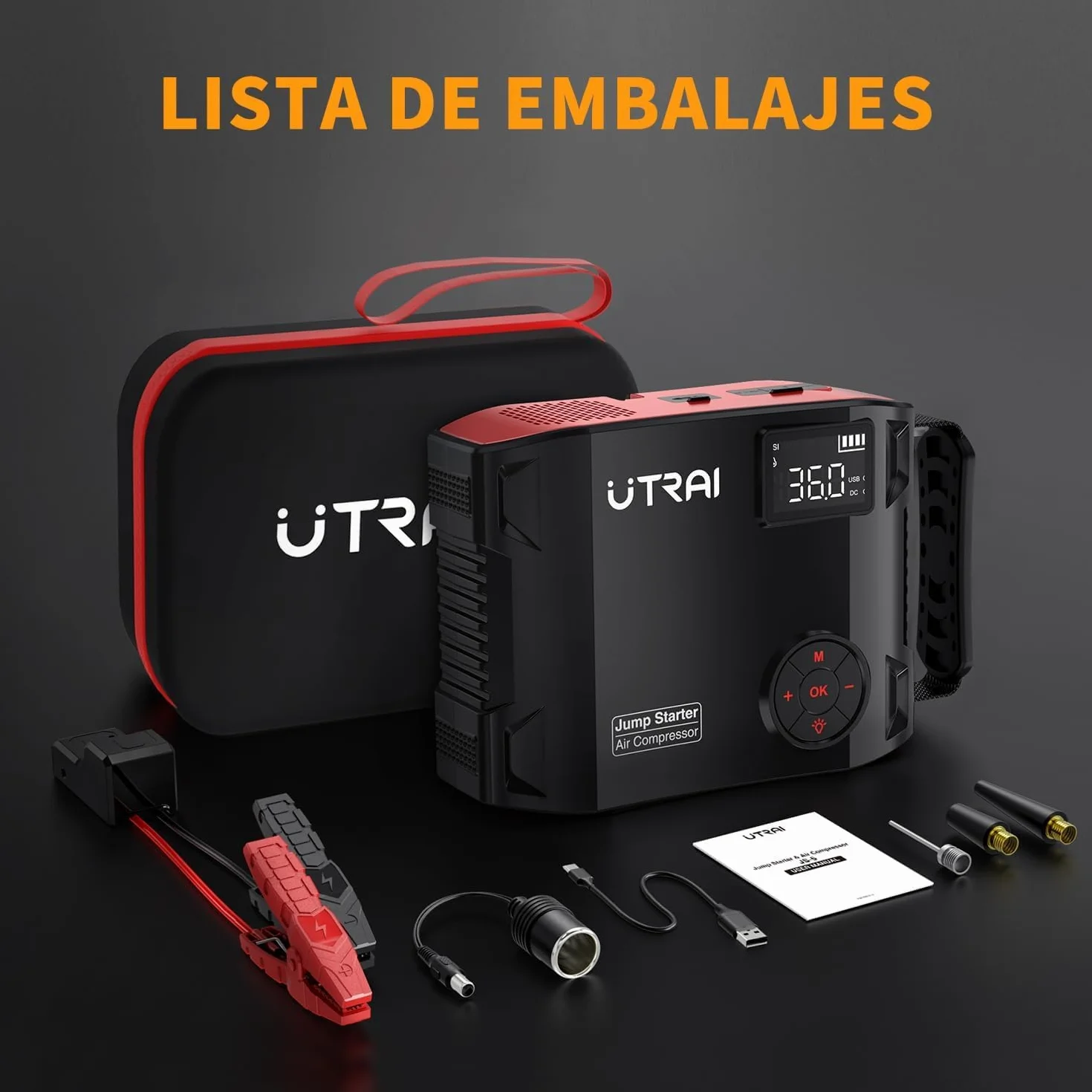 27000mAh Arrancador de Baterías de Coche con Compresor de Aire/18W Carga Rápida/Luz LED de 1600 lúmenes/160W DC out/Pantalla LCD/Carga rápida 3.0(All Gas o 12L Diesel) UTRAI 8000A Jump Starter