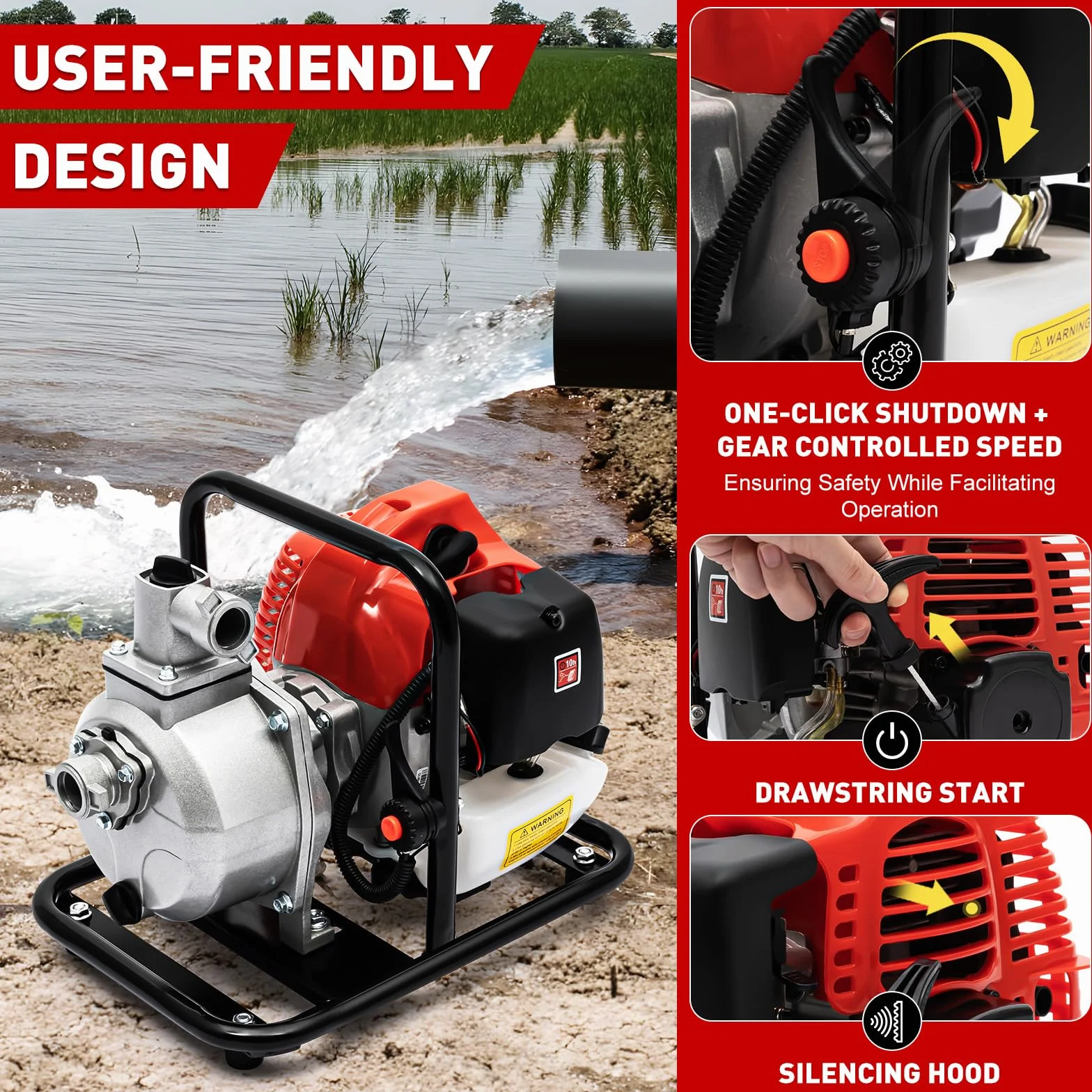 Bomba de agua de gasolina, motor de 40.2 cc, bomba de jardín, 1,25 kW, altura de extracción de 35 m, conexión de 38 mm (1,5 pulgadas), bomba de jardín con motor de 2 tiempos